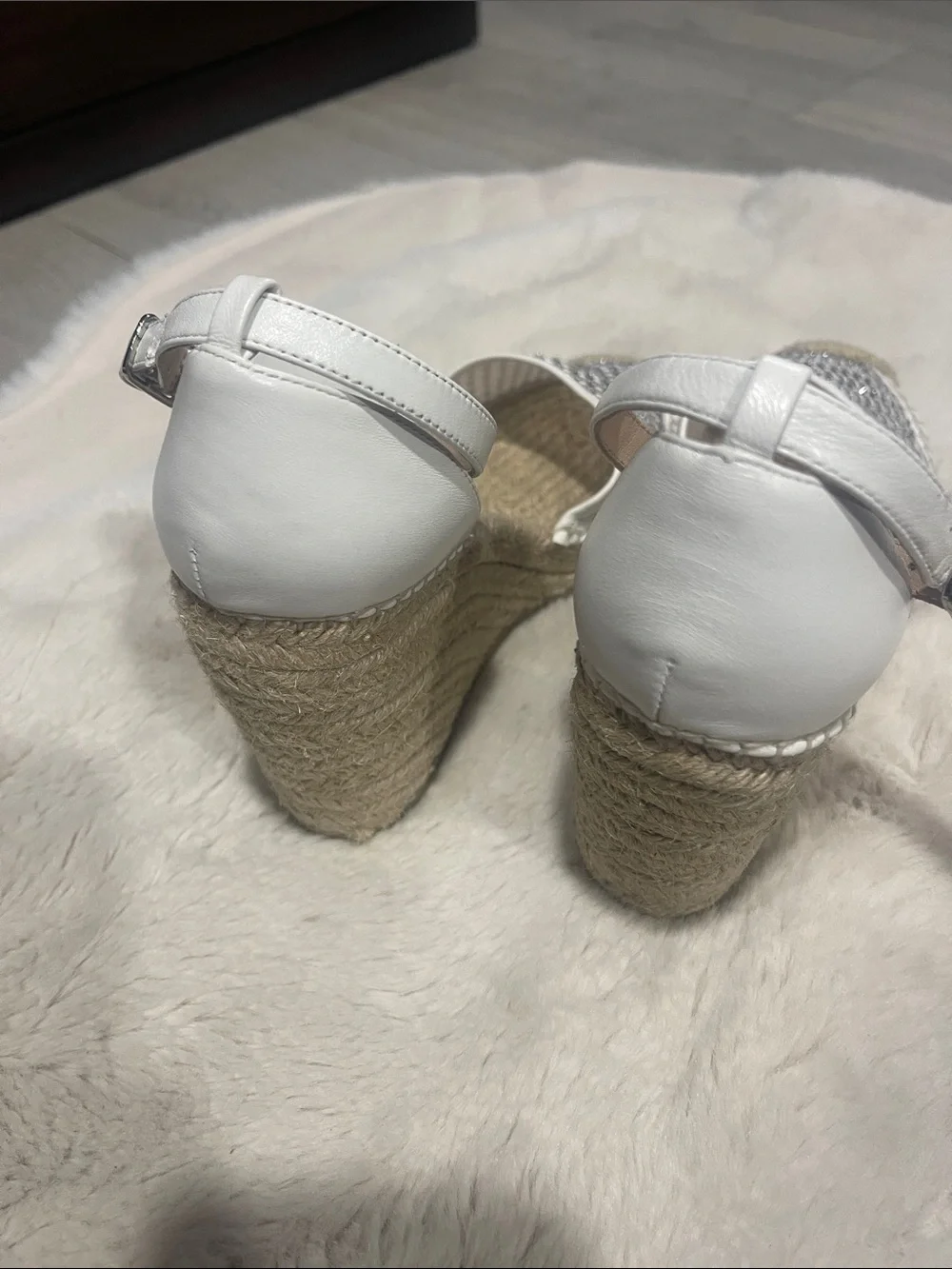 White Woven Espadrille Wedge Sandals with Ankle Strap